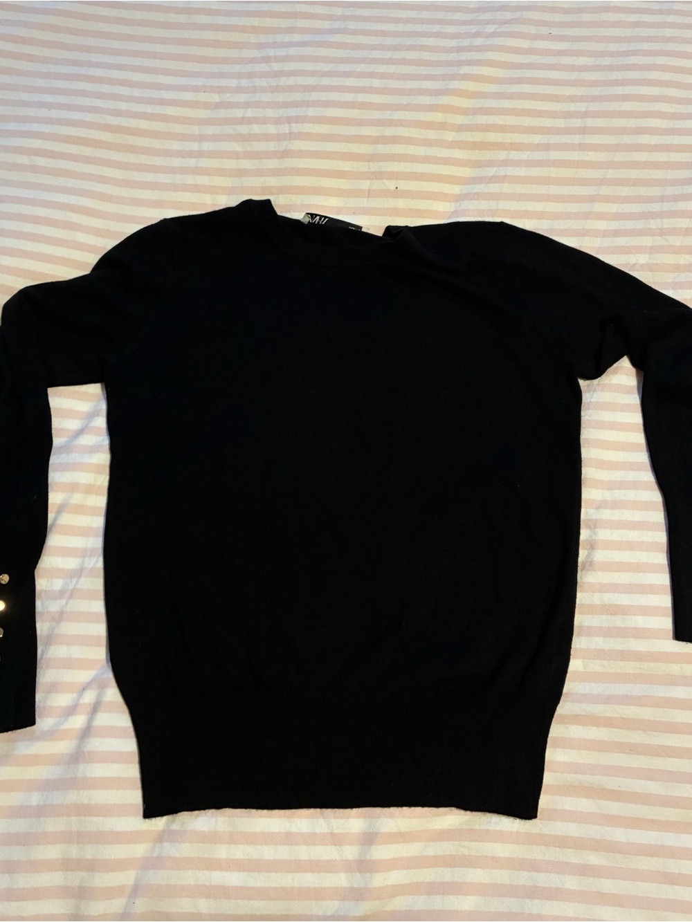 Zara Black Crewneck Sweater with Sleeve Button Accents